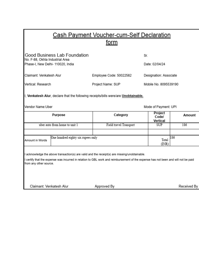 Cash Payment Voucher for Reimbursement | PDF