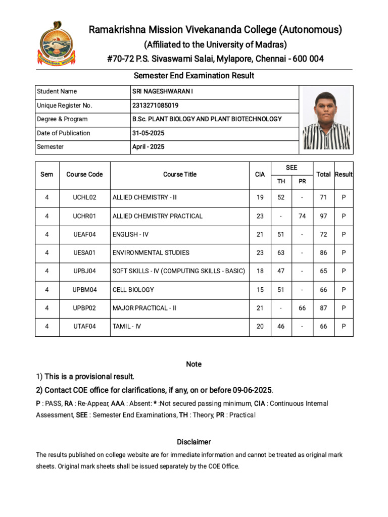 B.Sc. Plant Biology 4th Sem Result 2025 | PDF