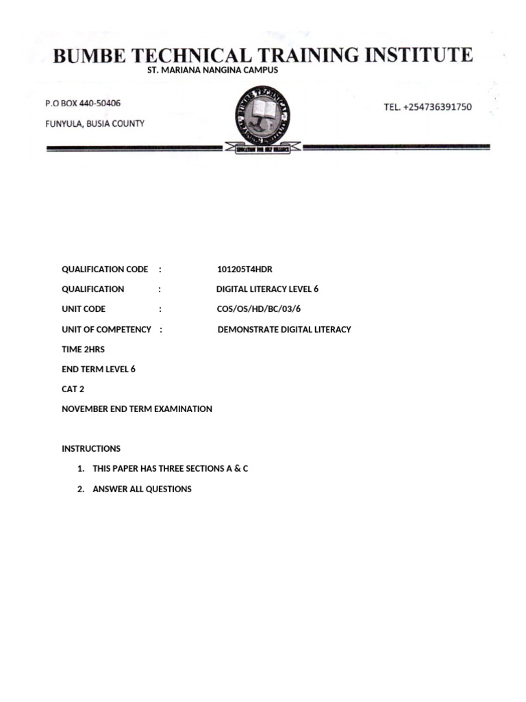 Digital Literacy Level 6 Exam Paper | PDF