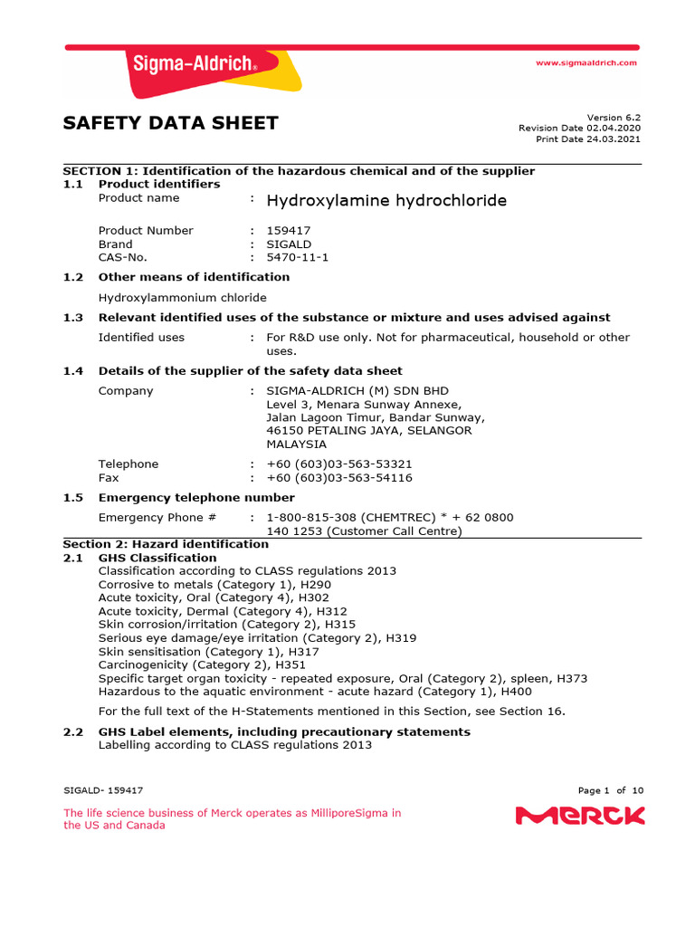 Safety Data Sheet Hydroxalamine Hydrochloride English | PDF | Toxicity ...