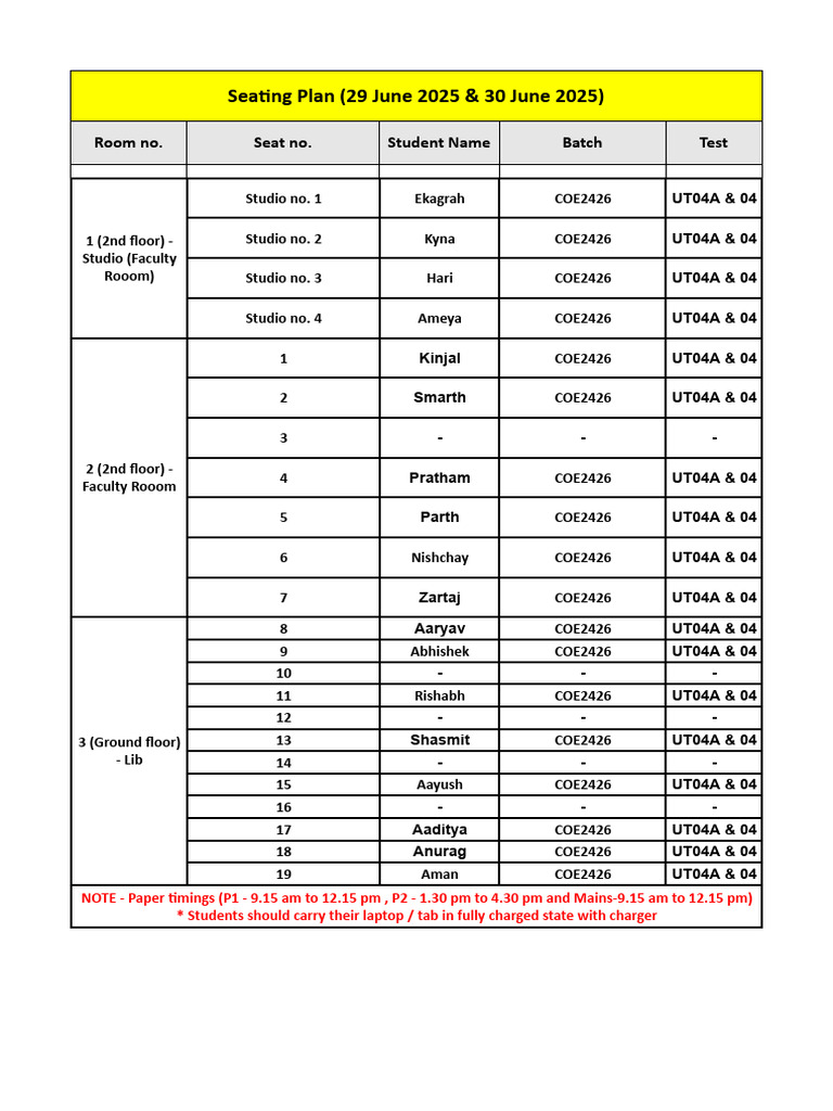 Seating Plan for COE2426 Exams | PDF