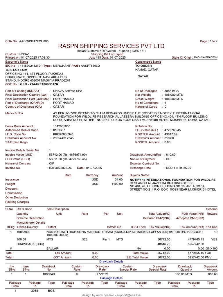 Export Shipping Bill for Non Basmati Rice | PDF | Invoice | Government ...
