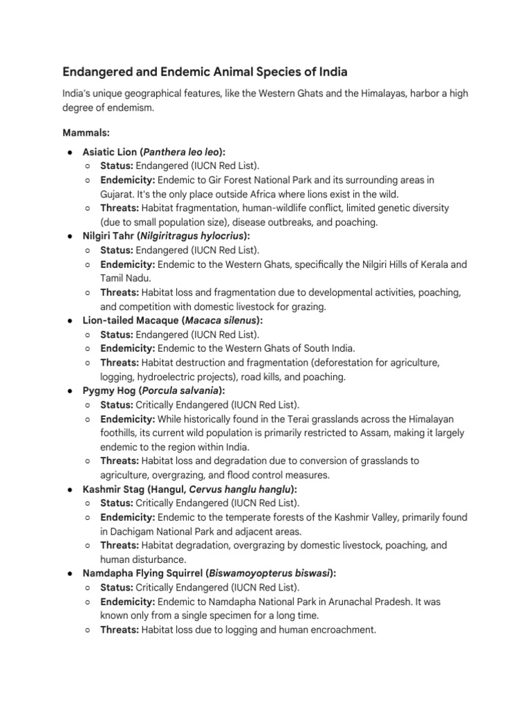 Endangered and Endemic Species of India | PDF | Habitat Destruction ...