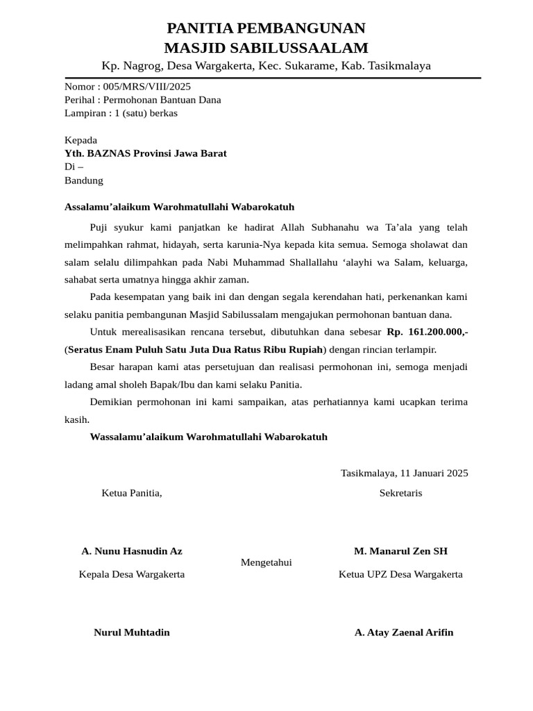 Permohonan Dana Pembangunan Masjid | PDF