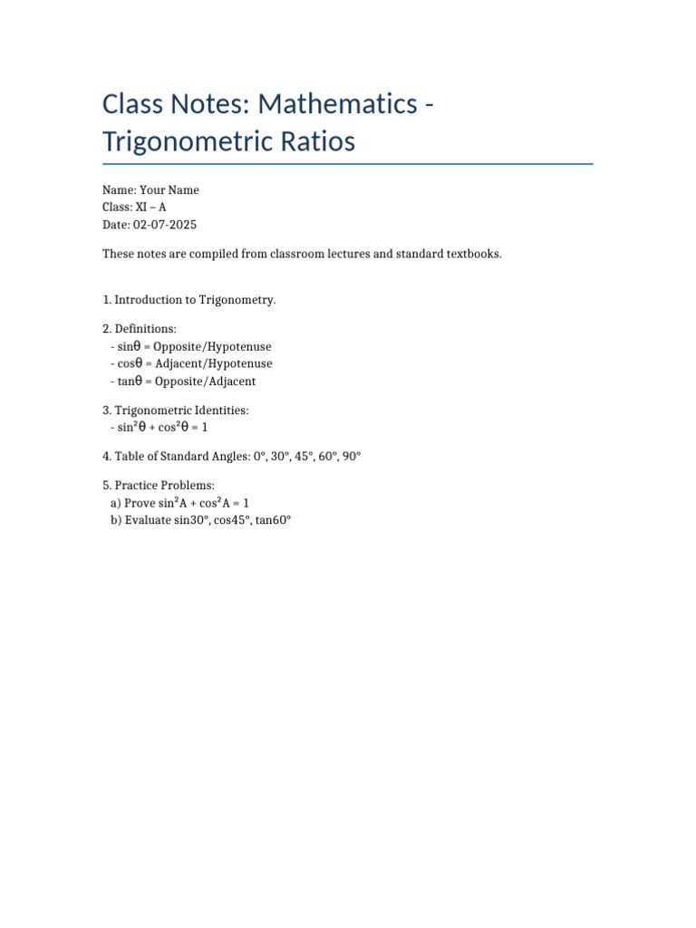Trigonometric Ratios Class Notes | PDF
