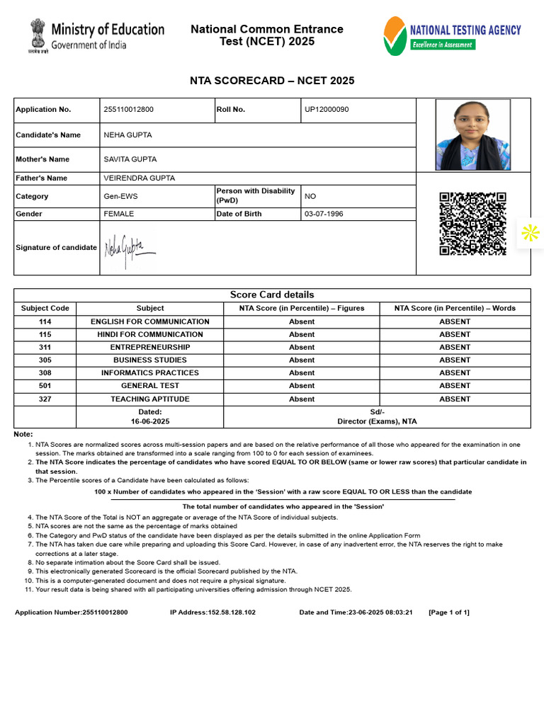 National Common Entrance Test - Score Marks Absent | PDF ...