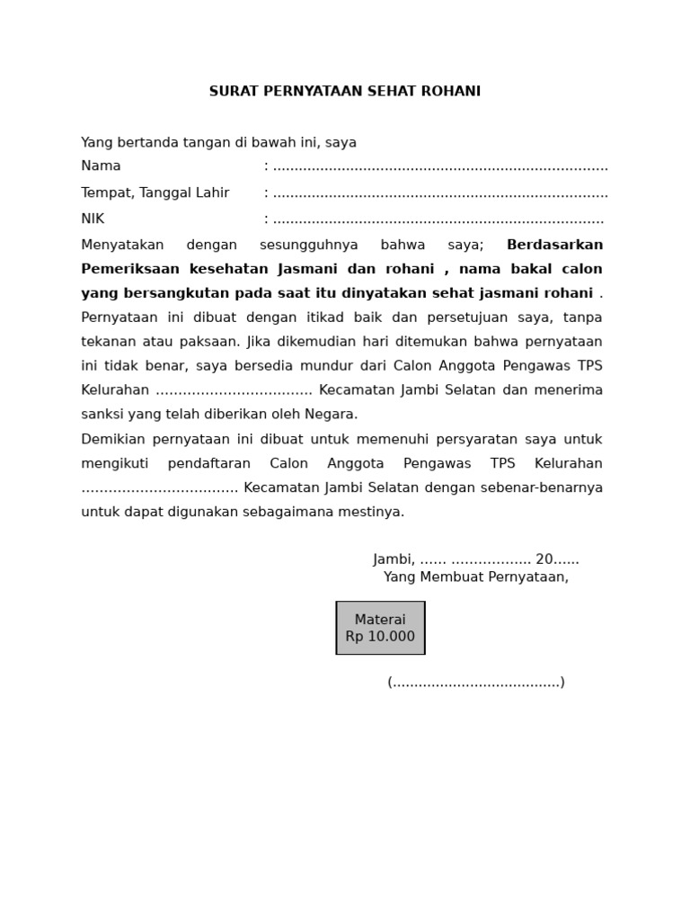 Surat Pernyataan Sehat Rohani TPS Jambi | PDF