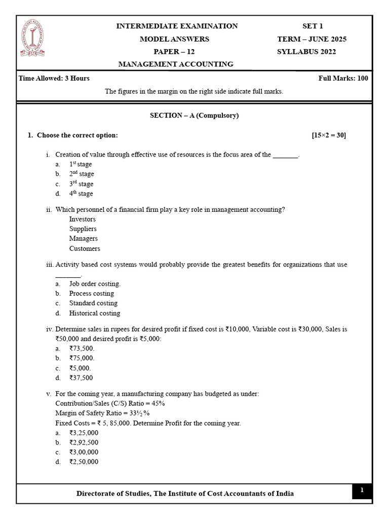 Management Accounting Exam Model Answers | PDF | Cost Accounting ...