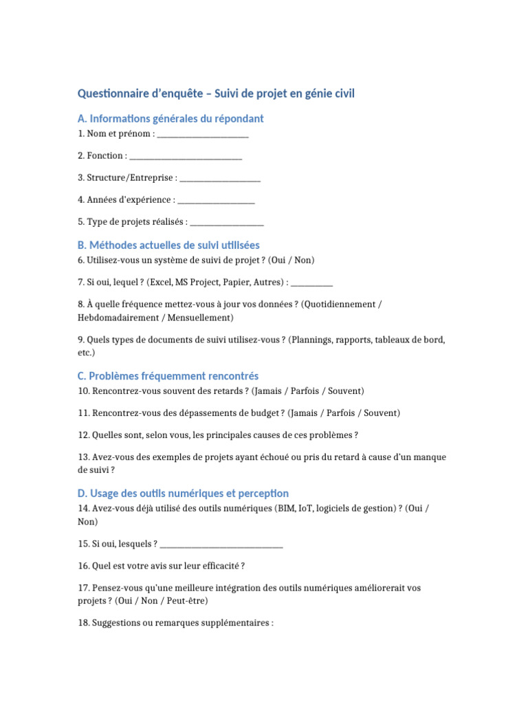 Questionnaire sur le suivi de projets en génie civil | PDF