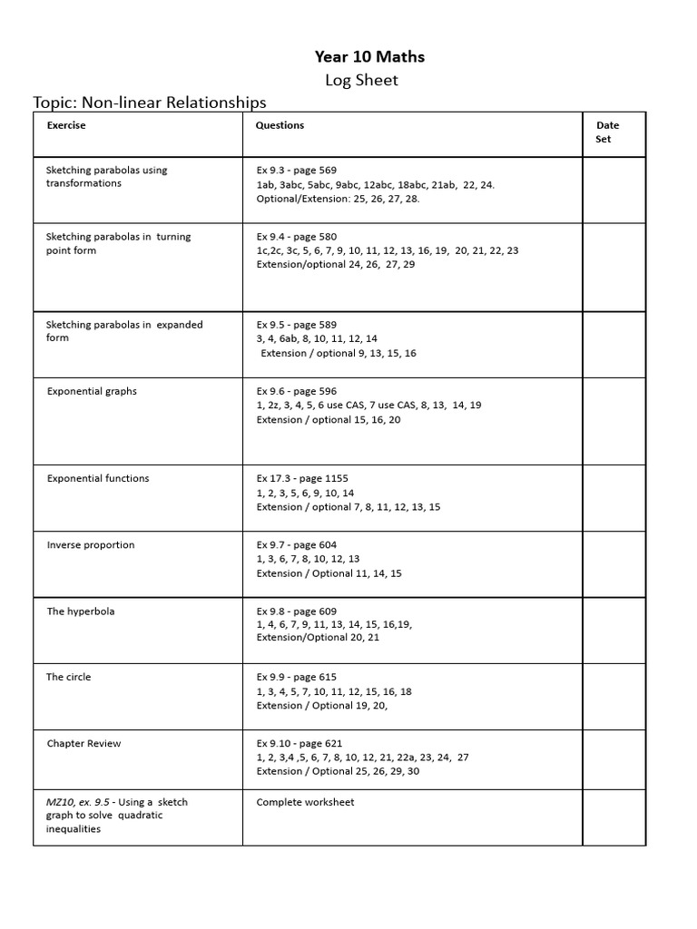 Year 10 Non-Linear Relationships Guide | PDF