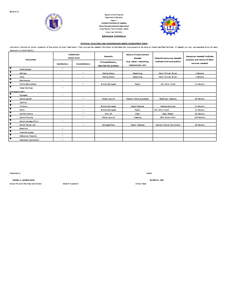 Brigada Eskwela Facilities Assessment Form | PDF