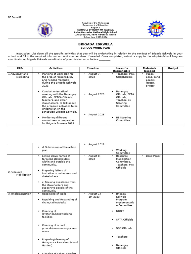 Brigada Eskwela 2023 Work Plan | PDF