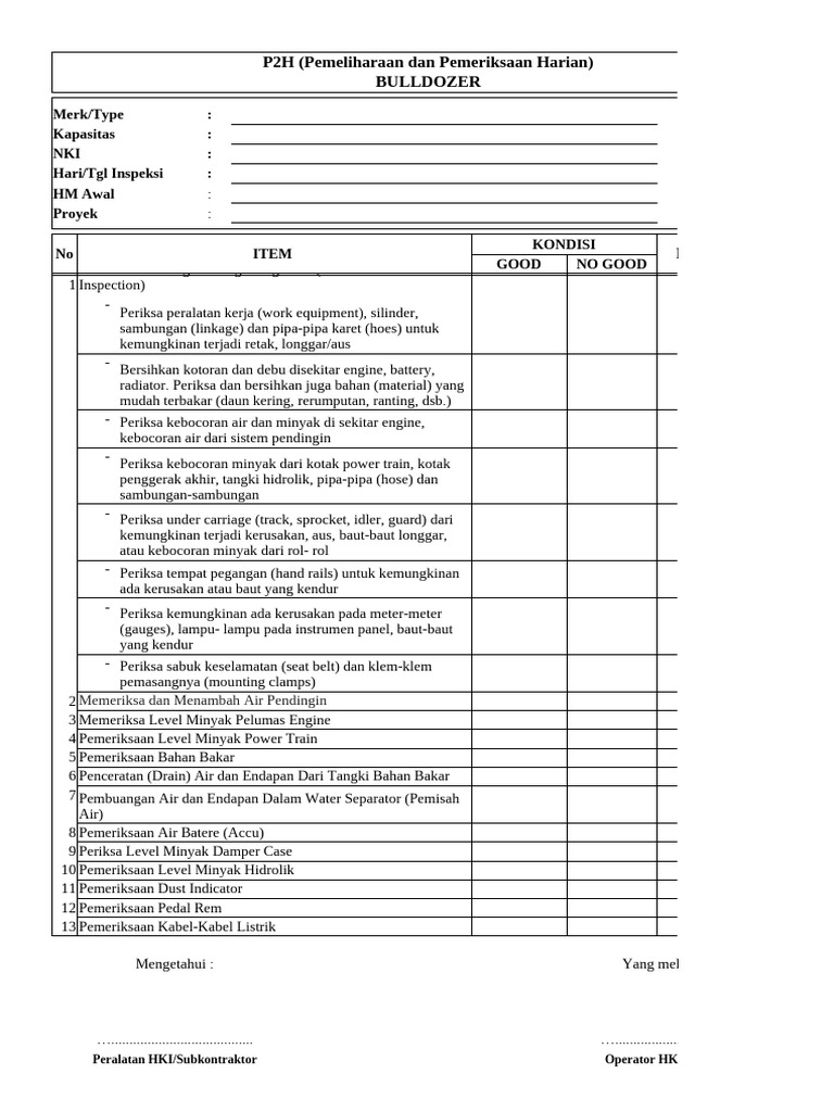 P2H Alat Berat: Panduan Inspeksi Harian | PDF