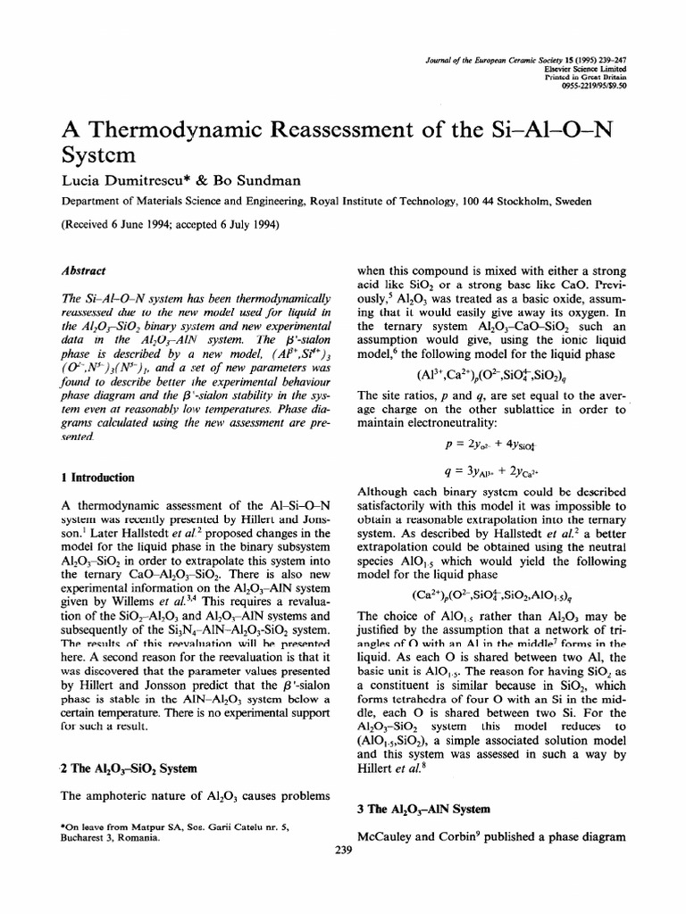 Thermodynamic Reassessment of Si-Al-O-N | PDF | Phase (Matter) | Enthalpy
