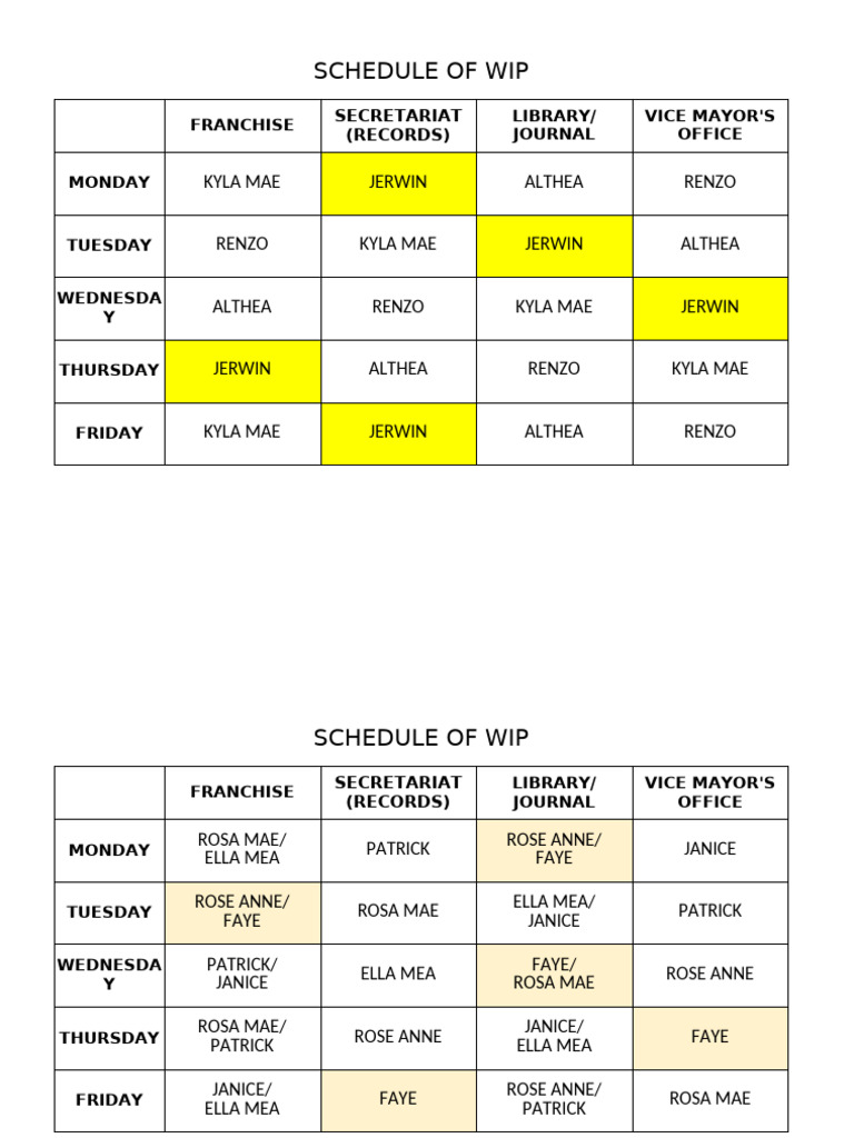 Weekly WIP Franchise Schedule | PDF