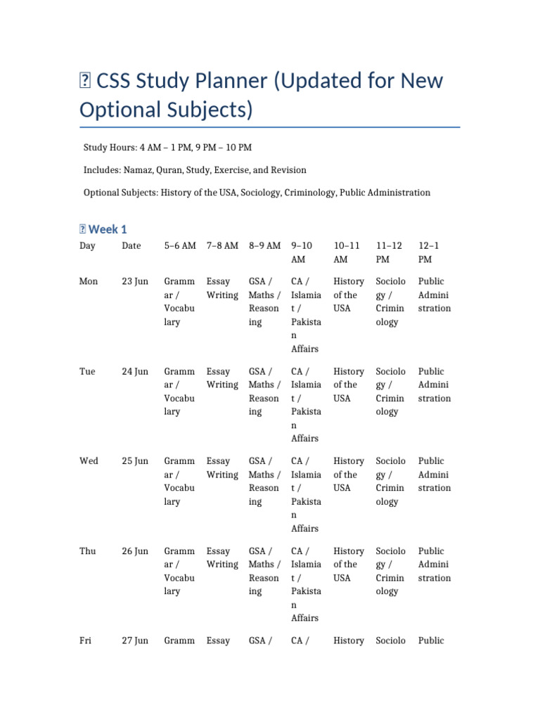 CSS Study Planner for Optional Subjects | PDF