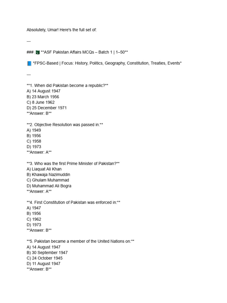 Pakistan Affairs MCQs: July 2025 Edition | PDF | Pakistan | Zulfikar ...