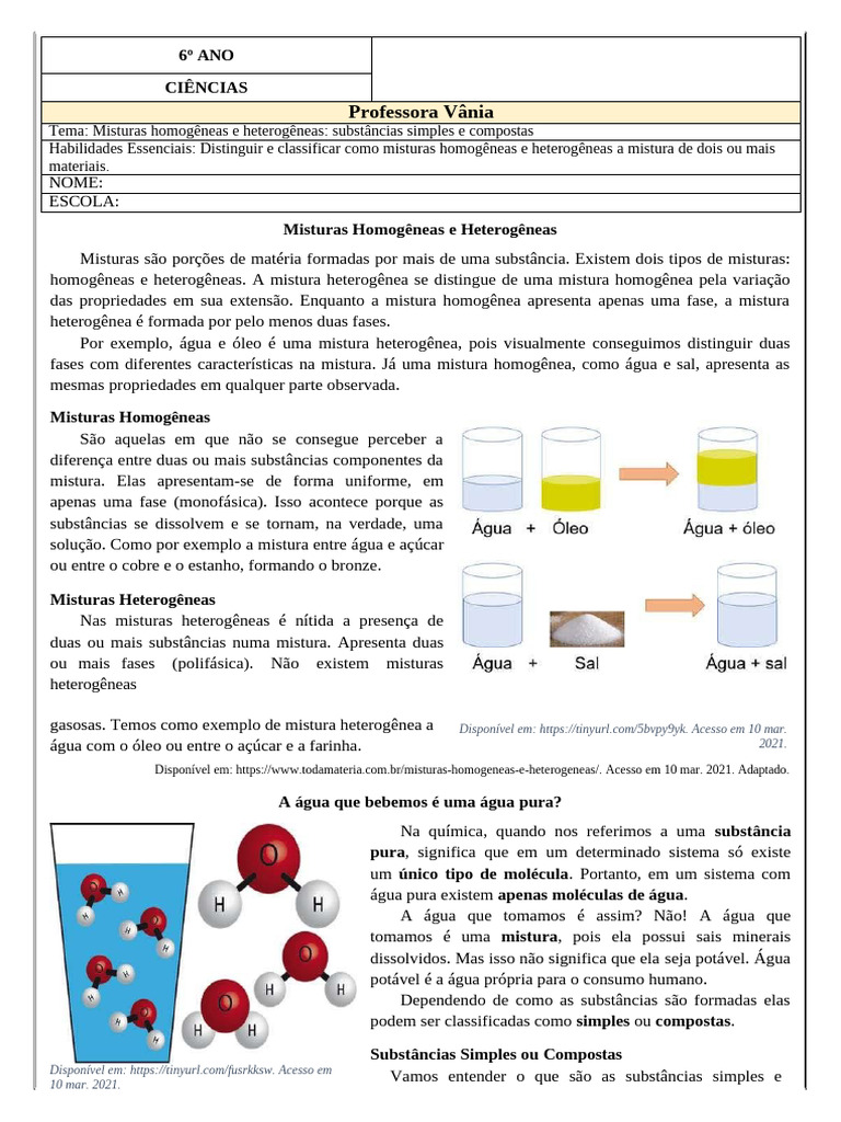 Misturas Homogêneas e Heterogêneas no 6º Ano | PDF | Mistura ...