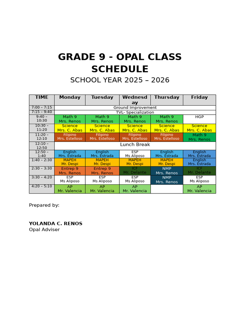 Grade 9 Opal Class Schedule 2025-2026 | PDF