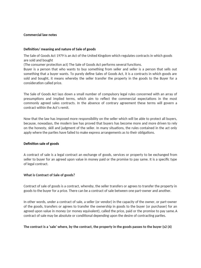 Contract of Sale Notes 2022 | PDF | Breach Of Contract | Sales