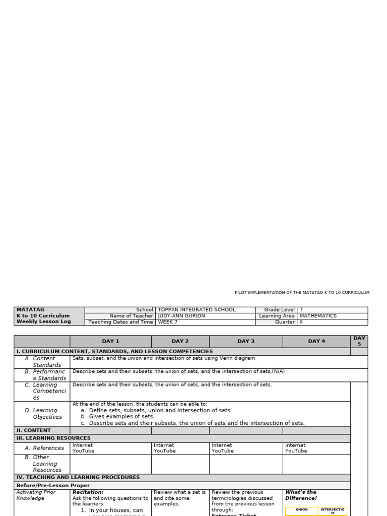 K-10 Math Curriculum Weekly Lesson Plan | PDF | Curriculum | Human ...