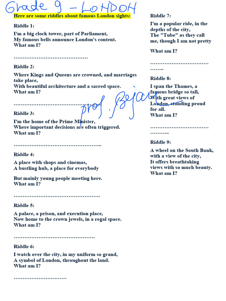 GR 9 LONDON FAMOUS SIGHTS RIDDLES TEACHER PAGE | PDF