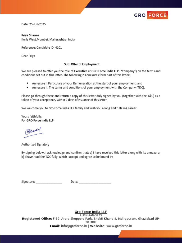 Employment Offer for Priya Sharma | PDF | Intellectual Property | Insurance