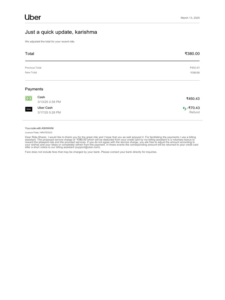 Uber Ride Payment Update and Refund | PDF