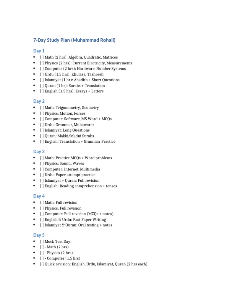7 Day Study Plan Muhammad Rohail | PDF