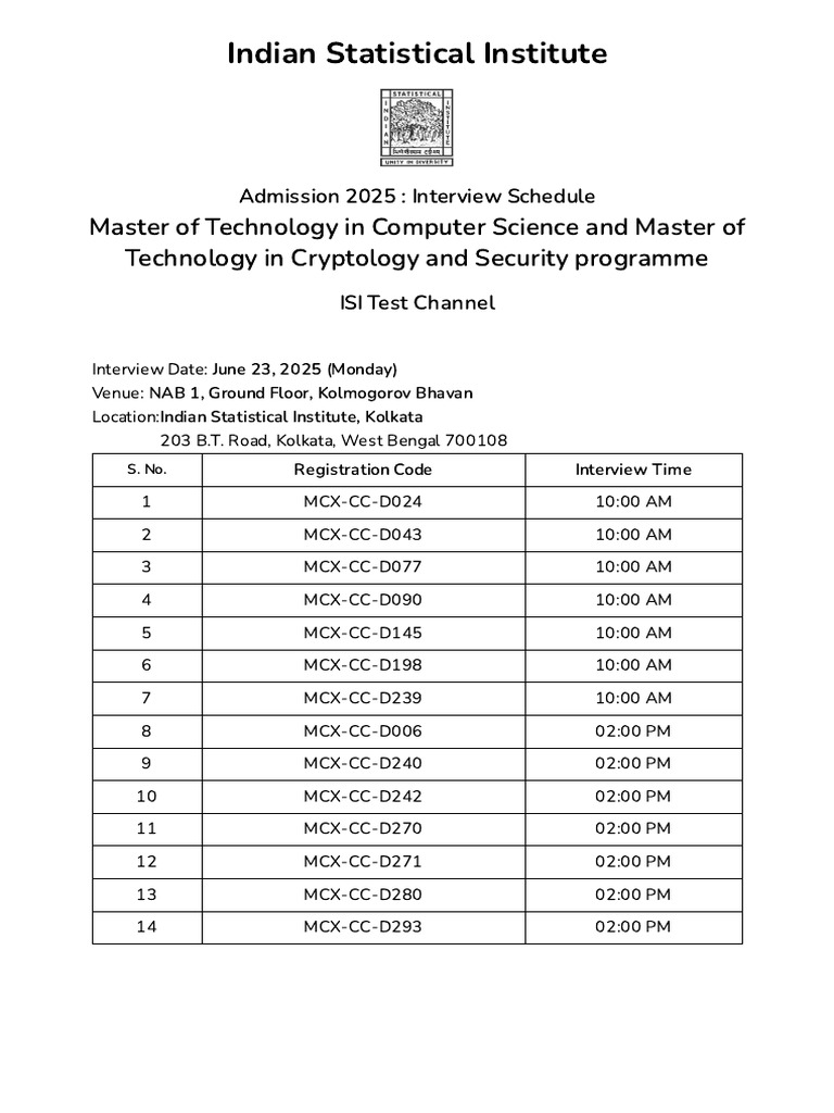 ISI M.Tech Admission 2025 Interview Schedule | PDF | Government And ...