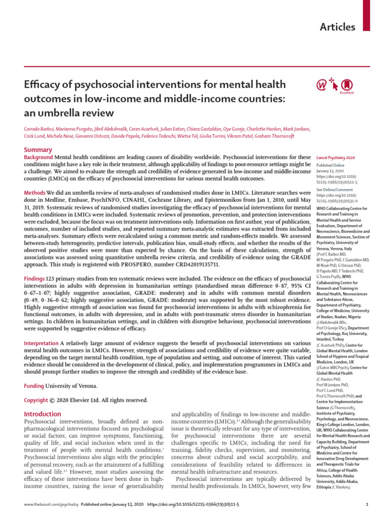 Efficacy of Psychosocial Interventions in LMICs | PDF | Systematic ...