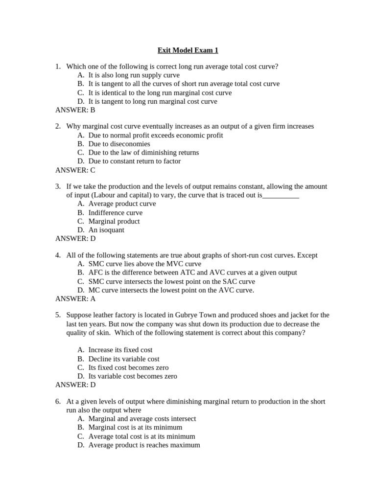 Economics Exit Model Exam Questions | PDF | Marginal Cost | Average Cost