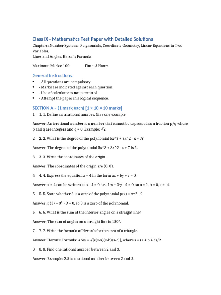 Class IX Maths Test Paper Solutions | PDF | Numbers | Polynomial