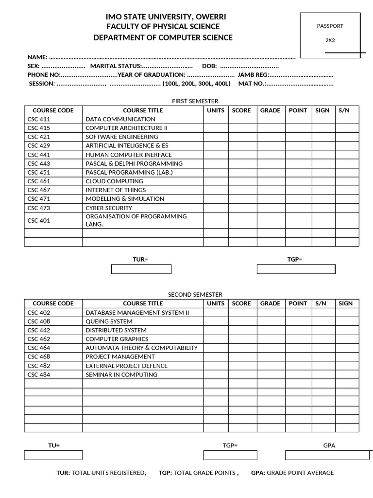Computer Science Result Workshet 400l Course Filled | PDF