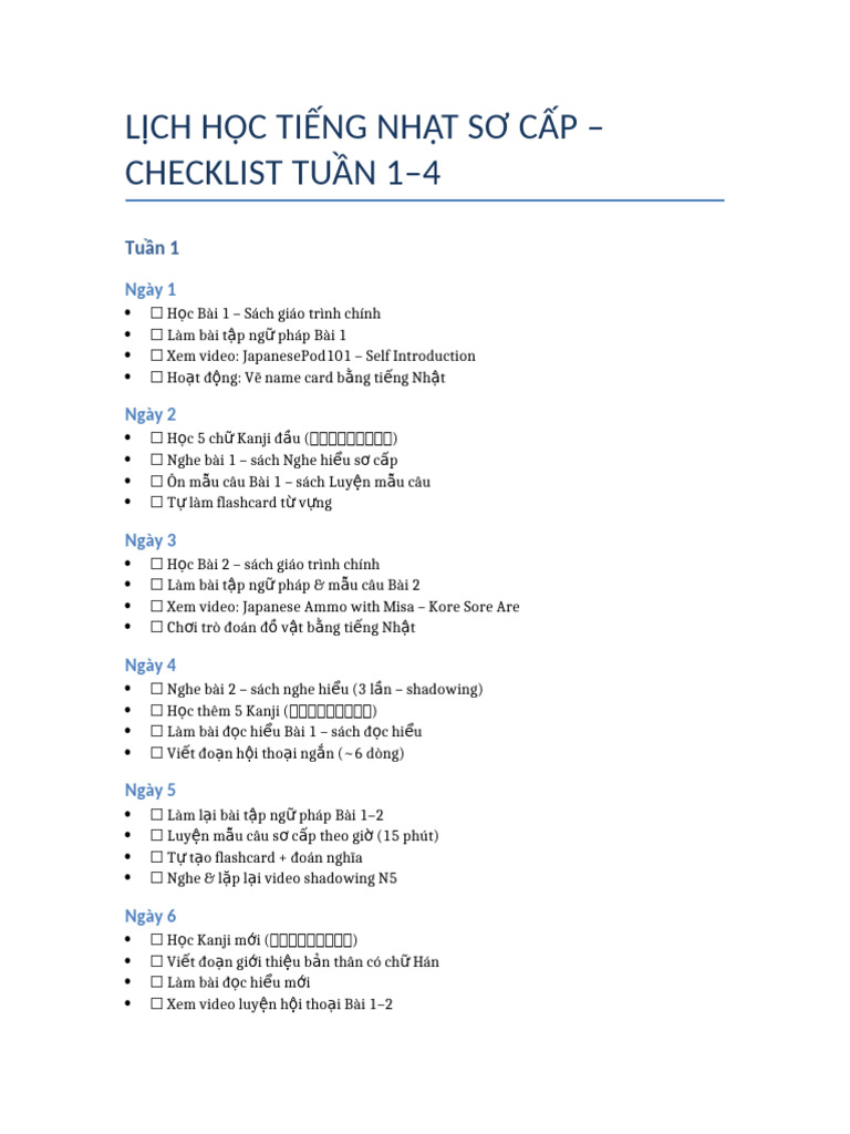 Checklist Hoc Tieng Nhat Tuan 1-4 | PDF
