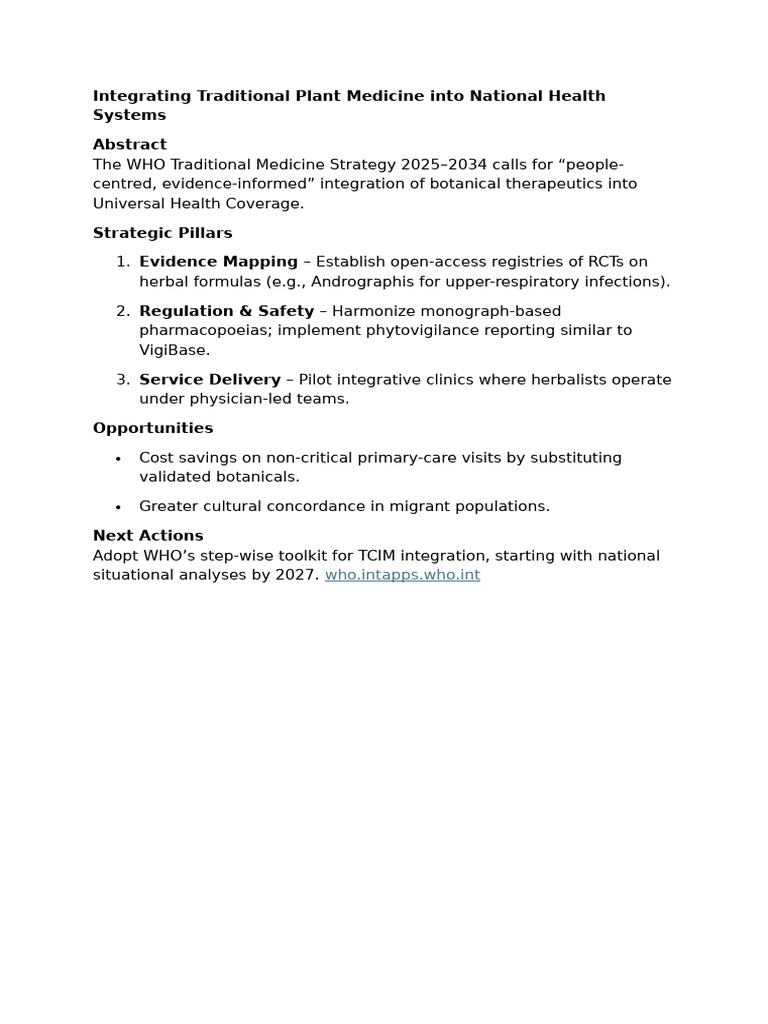 Integrating Traditional Plant Medicine Into National Health Systems | PDF