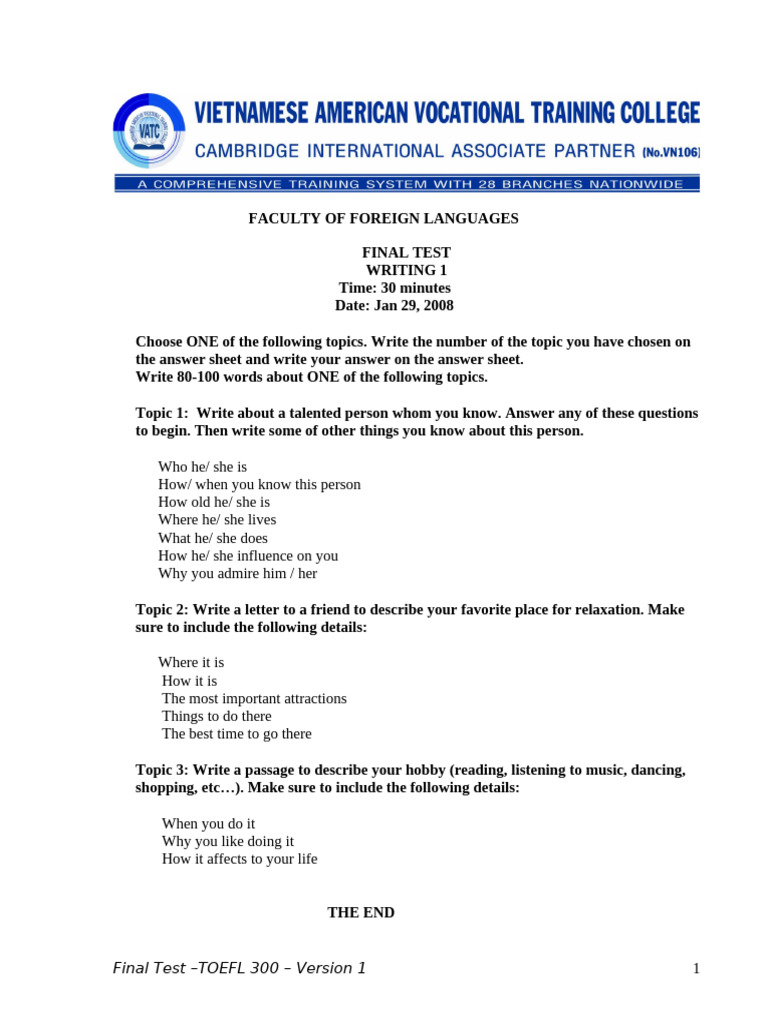 TOEFL Writing Test Instructions | PDF