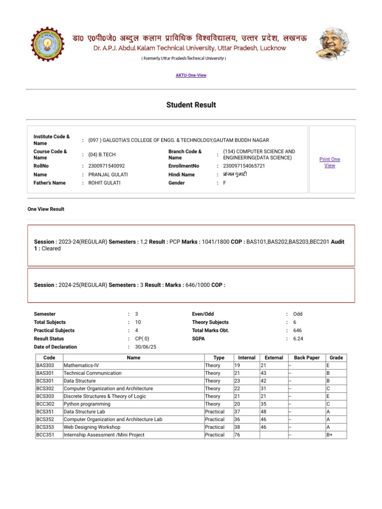 B.Tech Computer Science Results 2023-24 | PDF | Computer Science ...