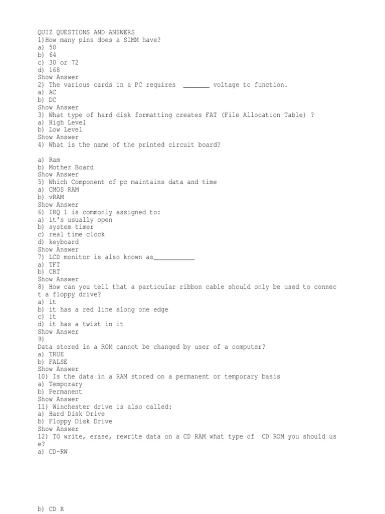 Hardware Quiz PDF Hard Disk Drive Disk Storage