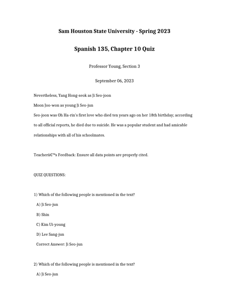Spring 2023 Spanish 135 Quiz Overview | PDF