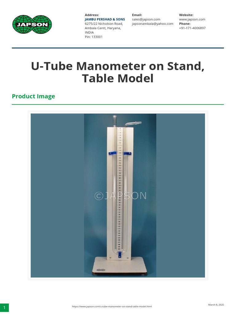 U-Tube Manometer On Stand, Table Model | PDF