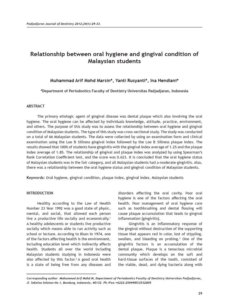 Oral Hygiene and Gingival Health in Students | PDF | Oral Hygiene ...
