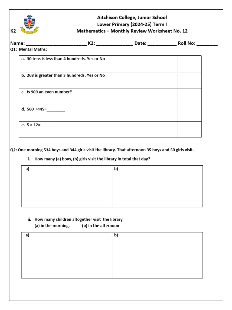 K2 Mathematics Monthly Review Worksheet | PDF
