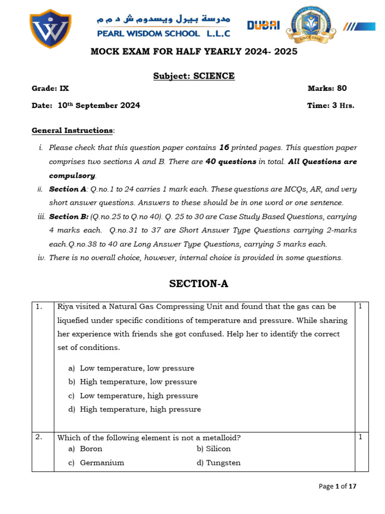 Science Mock Exam Grade IX 2024-2025 | PDF | Force | Mass