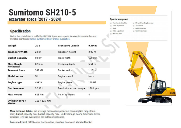 Spesifikasi Excavator Sumitomo Sh210-5 | PDF