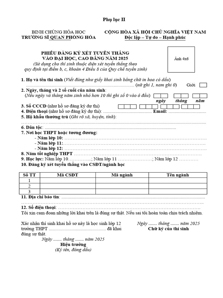Phu Luc II Mau Phieu Dang Ky Xet Tuyen Thang | PDF