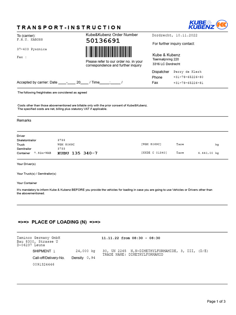 Transport Instructions for Shipment 50136691 | PDF | Vehicles | Transport