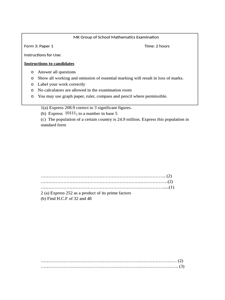 Form 3 Paper 1 MK | PDF | Mathematics | Mathematical Objects