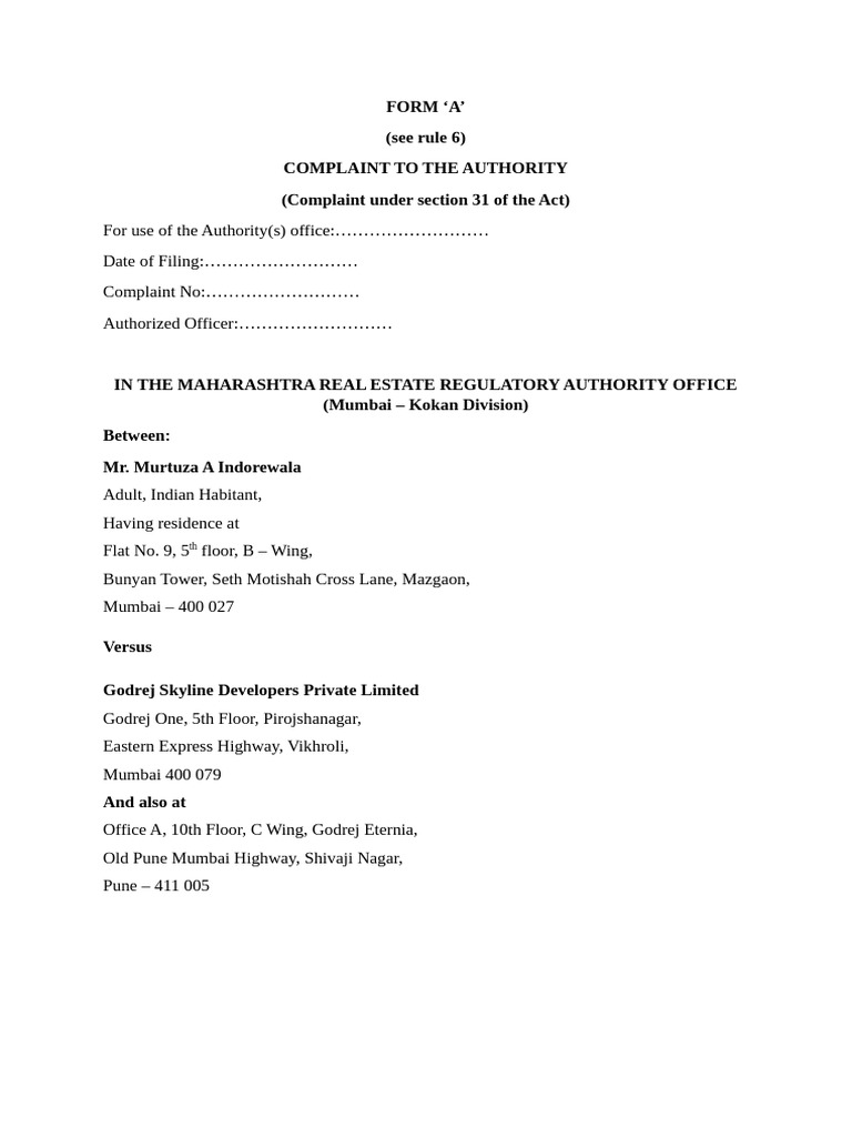 RERA Complaint Against Godrej Skyline | PDF | Justice | Crime & Violence