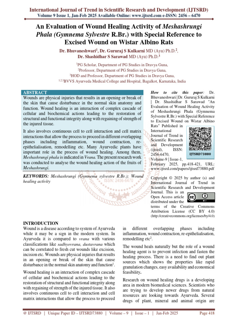 An Evaluation of Wound Healing Activity of Meshashrungi Phala Gymnema ...